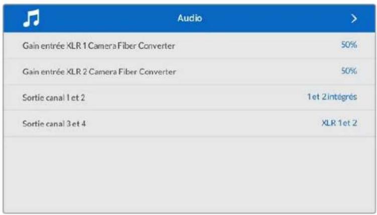 Audio Gain entrée XLR 1 Camera Fiber Converter 50% Gain entrée XLR 2 Camera Fiber Converter 50% Sortie canal 1 et 2 1et 2 intégrés Sortie canal 3 et 4 XLR 1 et 2