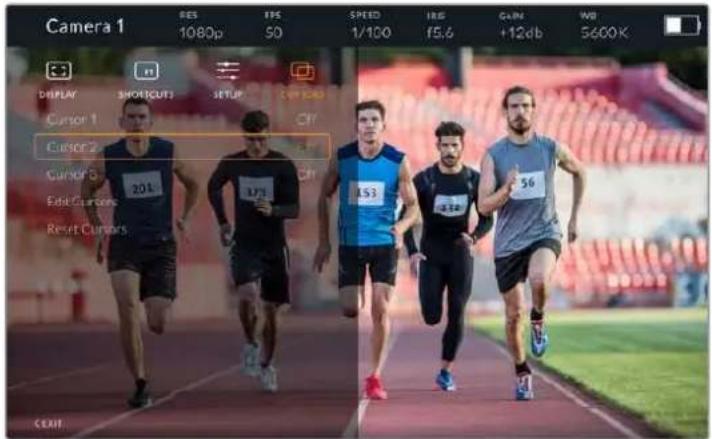 Camera 1 RES 1080p EPS 50 SPEED 1/100 RIO f5.6 GAME +12db WB 5600K DISPLAY SHORTCUTS SETUP OFF Curser 1 Curser 2 Curser 3 Curser 4 Edit Curser Reset Curser 201 171 153 8.88 56 CEAT