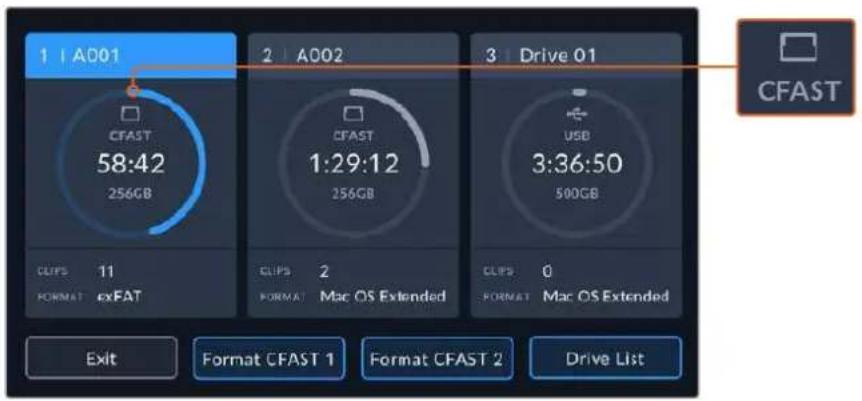 1 | A001 CFAST 58:42 256GB CLIPS 11 FORMAT exFAT 2 | A002 CFAST 1:29:12 256GB CLIPS 2 FORMAT Mac OS Extended 3 | Drive 01 USB 3:36:50 500GB CLIPS 0 FORMAT Mac OS Extended CFAST Exit Format CFAST 1 Format CFAST 2 Drive List
