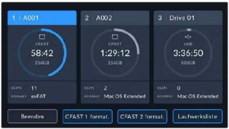 1 | A001 CFAST 58:42 256GB 2 A002 CFAST 1:29:12 256GB 3 Drive 01 USB 3:36:50 500GB CLIPS 11 FORMAT exFAT CLIPS 2 FORMAT Mac OS Extended CLIPS 0 FORMAT Mac OS Extended Beenden CFAST 1 format. CFAST 2 format. Laufwerksliste