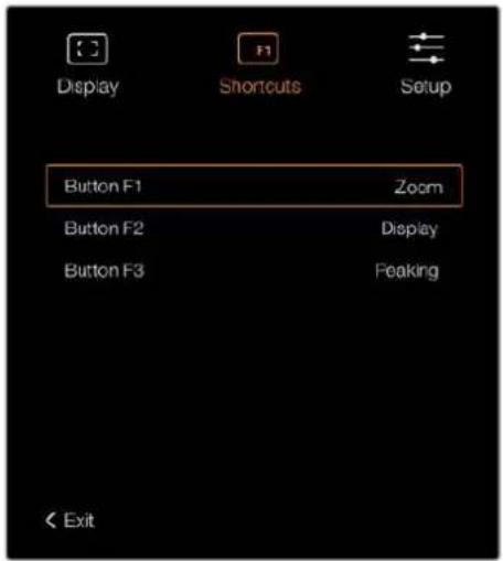Display Shortcuts Setup Button F1 Zoom Button F2 Display Button F3 Feaking Exit