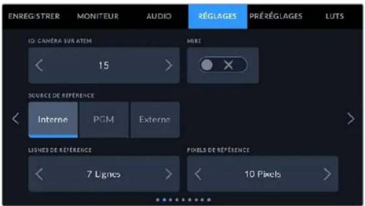 ENREG/STRER MONITEUR AUDIO RÉGLAGES PRÉRÉGLAGES LUTS 10: CAMERA SUR ATEM < 15 > MIRI SOURCE DE RÉFERENCE < Interne PGM Externe > LIGNES DE RÉFERENCE < 7 Lignes > PIXELS DE RÉFERENCE < 10 Pixels >