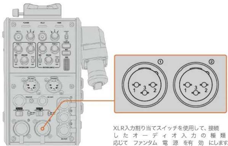 XLR入力割り当てスイッチを使用して、接続 した オーディオ 入力の 種 類 応じて ファンタム 電 源 を有 效 にします。