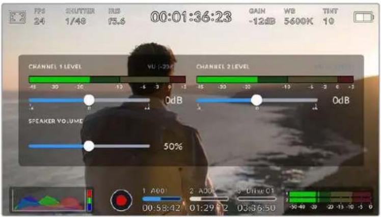 FPS 24 SKUTTER 1/48 FAS 00:01:36:23 GAIN -12dB WB 5600K TNTF 10 CHANNEL 1 LEVEL VU -20.4 CHANNEL 2 LEVEL 0dB OdB SPEAKER VOLUME 50% 1 A00 00:58:42 2 A00 01:29:12 3 Drive 01 03:36:50 -50-40 -30 -20 -13 -10 -5 0