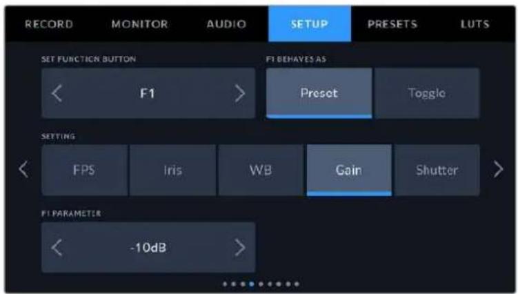 RECORD MONITOR AUDIO SETUP PRESETS LUTS SET FUNCTION BUTTON F1 FT BEHAVES AS Preset Toggle SETTING FPS Iris WB Gain Shutter FT PARAMETER -10dB