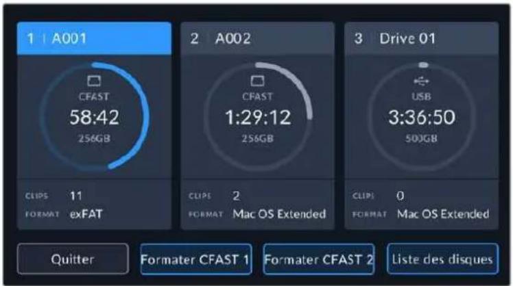 1 | A001 CFAST 58:42 256GB CLIPS 11 FORMAT exFAT 2 A002 CFAST 1:29:12 256GB CLIPS 2 FORMAT Mac OS Extended 3 Drive 01 USB 3:36:50 50GB CLIPS 0 FORMAT Mac OS Extended Quitter Formater CFAST 1 Formater CFAST 2 Liste des disques