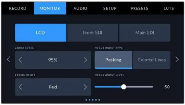 RECORD MONITOR AUDIO SETUP PRESETS LUTS LCD Front SDI Main SDI ZEBRA LEVEL 95% FOCUS ASSIST TYPE Peaking Colored Lines FOCUS COLOR Red FOCUS ASSIST LEVEL 50