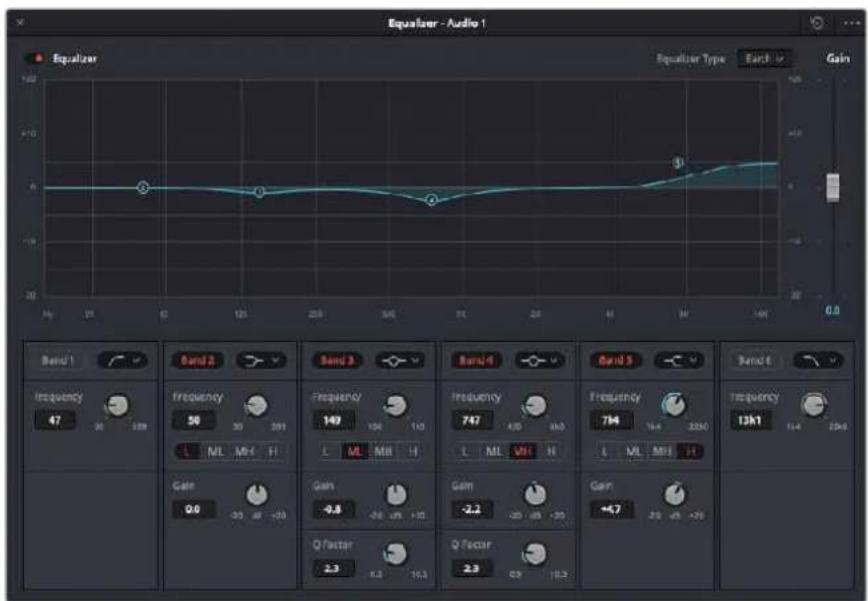 Equalizer - Audio 1 Equalizer Equizer Type Earth Gain Band 1 Frequency 47 20 329 Band 2 Frequency 50 30 391 L ML MH FI Band 3 Frequency/ 149 L ML MH FI Band 4 Frequency 747 L ML VH FI Band 5 Frequency 784 L ML MH FI Band 6 Frequency 13kI 11.4 25kA Gain 0.0 -30 AM -10 Gain -0.8 -20 JUN +10 Gain -2.2 -20 JUN -20 Gain -4.7 -20 JUN -20 Q factor 2.3 6.2 16.3 Q factor 2.3 6.9 16.3