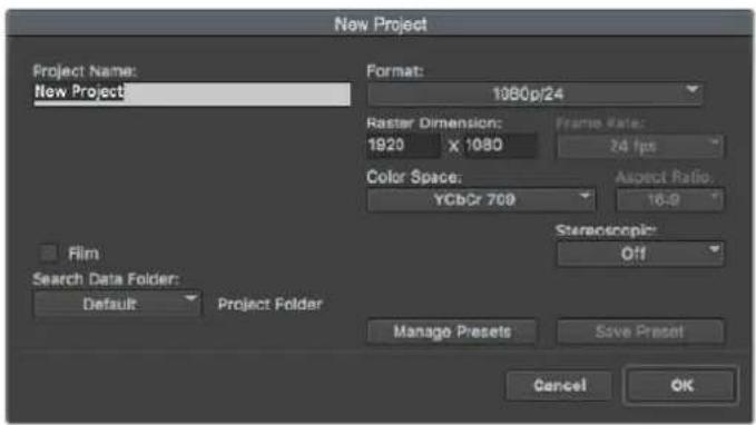 New Project Project Name: New Project Format: 1080p/24 Raster Dimension: 1920 X 1080 Frame Rate: 24 fps Color Space: YCbCr 700 Aspect Ratio: 16:9 Film Search Data Folder: Default Project Folder Stereoscopic: Off Manage Presets Save Preset Cancel OK