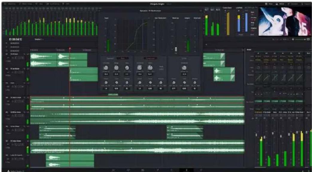 Screenshot of a video editing software interface displaying multiple audio and audio tracks with green waveform graphs and playback controls.