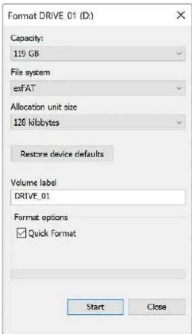 Format DRIVE 01 (D:) Capacity: 119 GB File system exFAT Allocation unit size 128 kilobytes Restore device defaults Volume label DRIVE_01 Format options ✓ Quick Format Start Close