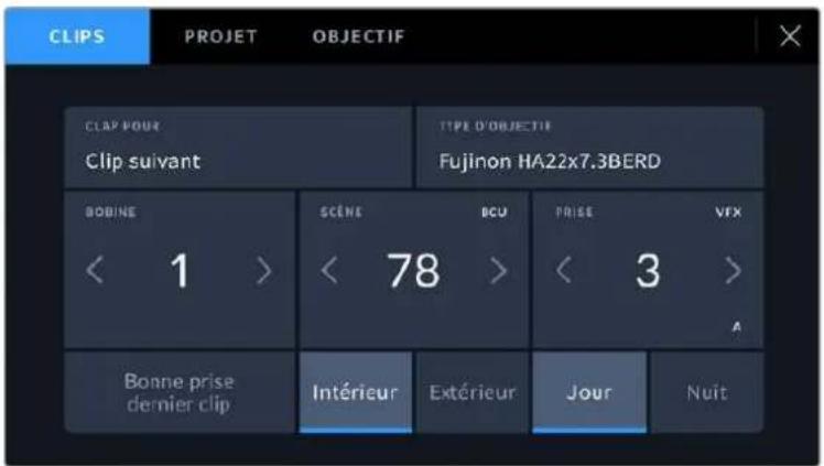 CLIPS PROJET OBJECTIF CLAP POUR Clip suivant TYPE D'OBJECTIF Fujinon HA22x7.3BERD BOBINE SCÈNE BCU PRISE VFX 1 78 3 A Bonne prise dernier clip Intérieur Extérieur Jour Nuit