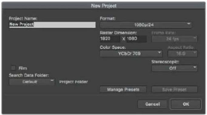 Now Project Project Name: New Project Format: 1000pr/24 Raster Dimension: 1920 x 1080 Frame Rate: 24 fps Color Space: YCb/Cr 709 Aspect Ratio: 16:9 Film Search Data Folder: Default Project Folder Stereoscopic: Off Manage Presets Save Preset Cancel OK