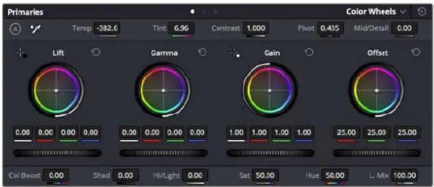 Primaries Color Wheels Temp -382.6 Tint 6.96 Contrast 1.000 Pivot 0.435 Mid/Detail 0.00 Lift Gamma Gain Offset 0.00 0.00 0.00 0.00 0.00 0.00 0.00 0.00 1.00 1.00 1.00 1.00 25.00 25.00 25.00 Col Boost 0.00 Shad 0.00 Hi/Light 0.00 Sat 50.00 Hue 50.00 L Mix 100.00