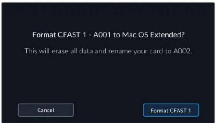 Format CFAST 1 - A001 to Mac OS Extended? This will erase all data and rename your card to A002. Cancel Format CFAST 1