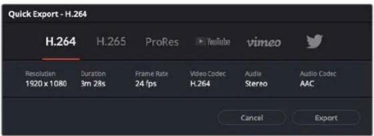 Quick Export - H.264 H.264 H.265 ProRes YouTube vimeo Resolution Duration Frame Rate Video Codec Audio Audio Codec 1920 x 1080 3m 28s 24 fps H.264 Stereo AAC Cancel Export
