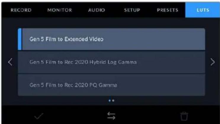 RECORD MONITOR AUDIO SETUP PRESETS LUTS Gen 5 Film to Extended Video Gen 5 Film to Rec 2020 Hybrid Log Gamma Gen 5 Film to Rec 2020 PQ Gamma