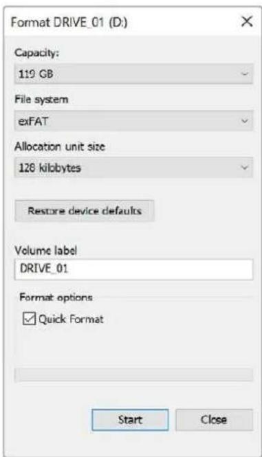 Format DRIVE_01 (D:) Capacity: 119 GB File system exFAT Allocation unit size 128 kilobytes Restore device defaults Volume label DRIVE_01 Format options ✓ Quick Format Start Close