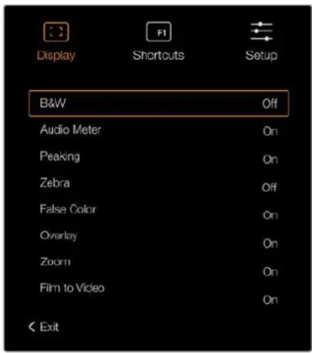 Display B&W Audio Meter Peaking Zebra False Color Overlay Zoom Film to Video Off On On Off On On On Exit