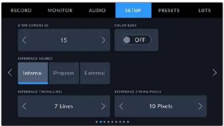 RECORD MONITOR AUDIO SETUP PRESETS LUTS ATEM CAMERA ID 15 COLOR BARS OFF REFERENCE SOURCE Internal Program External REFERENCE TIMING LINES 7 Lines REFERENCE TIMING PIXELS 10 Pixels
