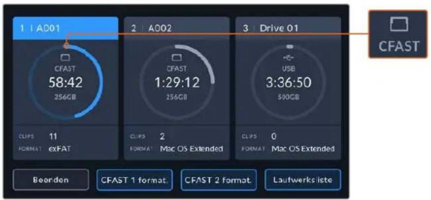 1 | A001 CFAST 58:42 256GB CLIPS 11 FORMAT exFAT 2 CLIPS 2 FORMAT Mac OS Extended 3 | Drive 01 USB 3:36:50 $00GB CLIPS 0 FORMAT Mac OS Extended Beerden CFAST 1 format. CFAST 2 Format. Laufwerks liste CFAST