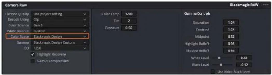 Camera Raw Blackmagic RAW Decode Quality Use project setting Decode Using Clip Color Science Gen 5 White Balance Custom Color Space Blackmagic Design Gamma Blackmagic Design Custom ISO 1250 Highlight Recovery Gamut Compression Color Temp 3200 Tint 2 Exposure 0.50 Gamma Controls Saturation 1.04 Contract 1.63 Midpoint 0.52 Highlight Rolloff 0.96 Shadow Rolloff 0.94 White Level 0.69 Black Level -0.12 Use Video Black Level