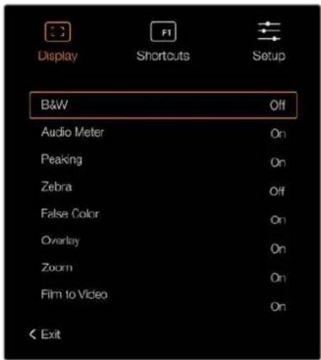 Display Shortouts Setup B&W Audio Meter Peaking Zebra False Color Overlay Zoom Film to Video Exit