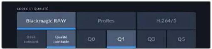 CODE ET QUALITÉ Blackmagic RAW ProRes H.264/5 Dialis constant Qualité contratée Q0 Q1 Q3 Q5
