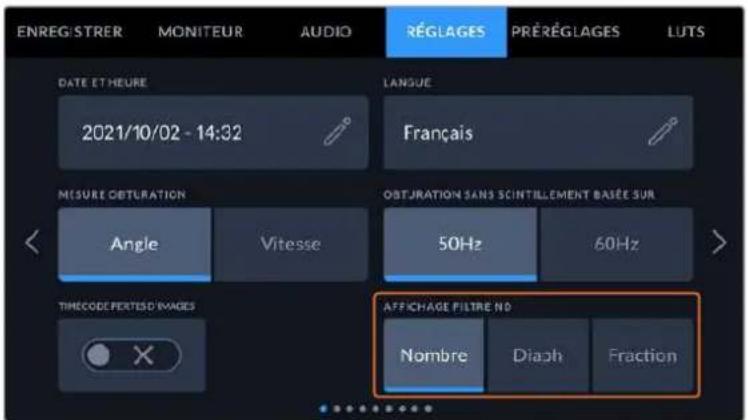 ENREG/STRER MONITEUR AUDIO RÉGLAGES PRÉRÉGLAGES LUTS DATE ET HEURE 2021/10/02 - 14:32 LANGUE Français MISURE OBTRATION Angle Vitesse OBTJURATION SANS SCINTILLEMENT BASEE SUR 50Hz 60Hz TIMECODE PERTISED IMAGES AFFICHAGE FILTRE NO Nombre Diaph Fraction