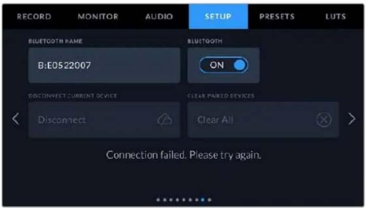 RECORD MONITOR AUDIO SETUP PRESETS LUTS BLUETOOTH NAME B:E0522007 ON DISCONNECT CURRENT DEVICE Disconnect CLEAR PARTO DEVICES Clear All Connection failed. Please try again.