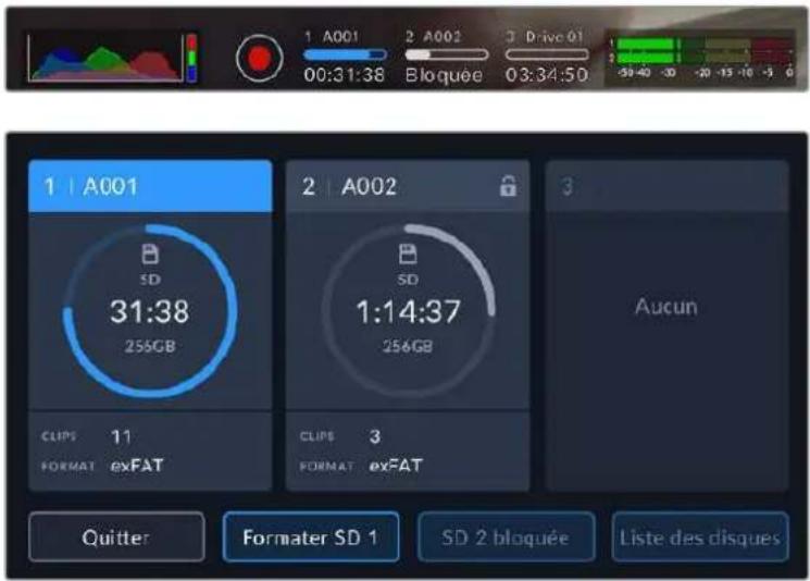 1 | A001 SD 31:38 255GB CLIPS 11 FORMAT exFAT 2 | A002 SD 1:14:37 256GB CLIPS 3 FORMAT exFAT Aucun Quitter Formater SD 1 SD 2 bloquée Liste des disques