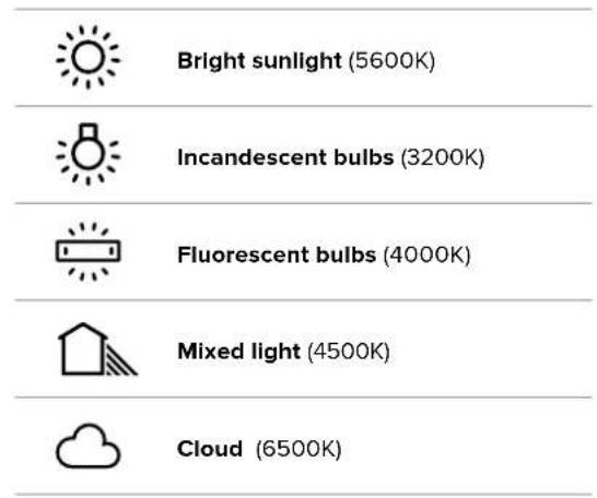 Bright sunlight (5600K) Incandescent bulbs (3200K) Fluorescent bulbs (4000K) Mixed light (4500K) Cloud (6500K)