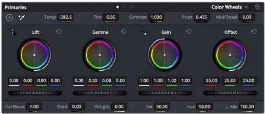 Primaries Color Wheels Temp -382.6 Tint 6.96 Contrast 1.000 Pivot 0.435 Mid/Detail 0.00 Lift Gamma Gain Offset 0.00 0.00 0.00 0.00 0.00 0.00 0.00 0.00 1.00 1.00 1.00 1.00 25.00 25.00 25.00 Col Boost 0.00 Shad 0.00 Hi/Light 0.00 Sat 50.00 Hue 50.00 L Mix 100.00