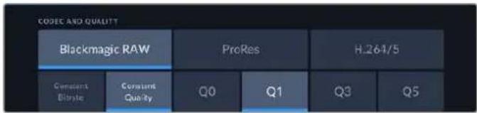 CODEC AND QUALITY Blackmagic RAW ProRes H.264/5 Constant Binary Cowant Quality Q0 Q1 Q3 Q5
