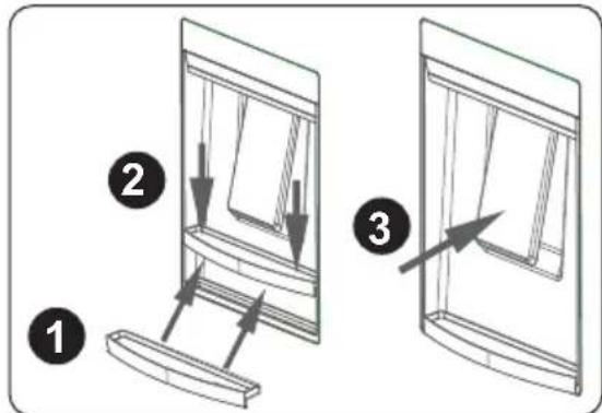 Diagram illustrating three steps of window frame installation, labeled 1, 2, and 3 with arrows indicating movement.