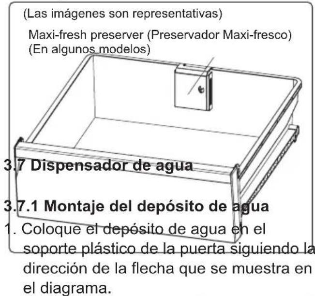 (Las imágenes son representativas) Maxi-fresh preserver (Preservador Maxi-fresco) (En algunos modelos) 3.7 Dispensador de agua 3.7.1 Montaje del depósito de agua 1. Coloque el depósito de agua en el soporte plástico de la puerta siguiendo la dirección de la flecha que se muestra en el diagrama.