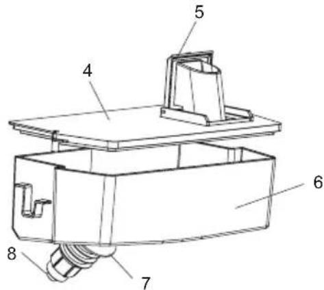 Technical diagram of a mechanical device with numbered components labeled 4 through 8