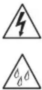 Two triangular warning symbols: a lightning bolt symbol and a water droplet symbol, indicating electrical hazard or accident.