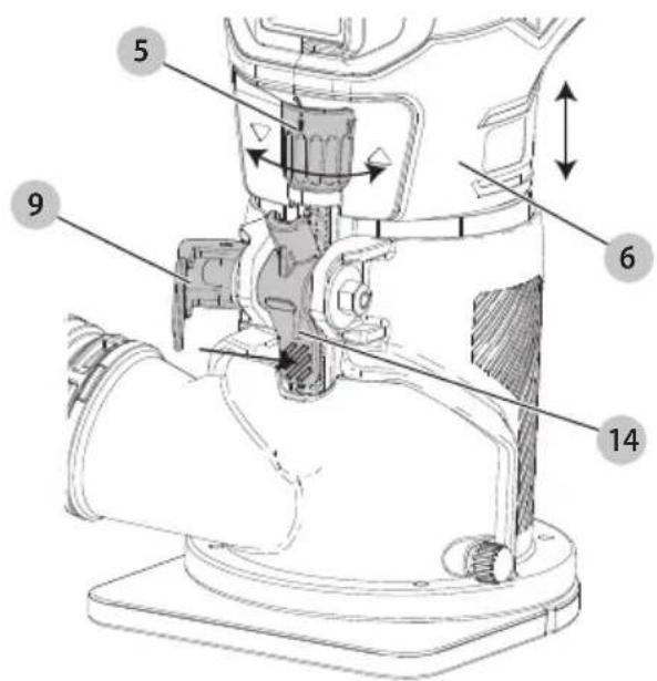 Technical diagram of a sewing machine with numbered parts and measurement annotations