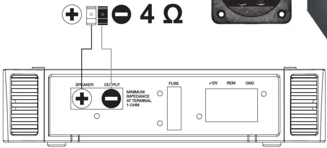 SPEAKER OUTPUT MINIMUM IMPEDANCE AT TERMINAL 1-OHM FUSE +12V REM GND