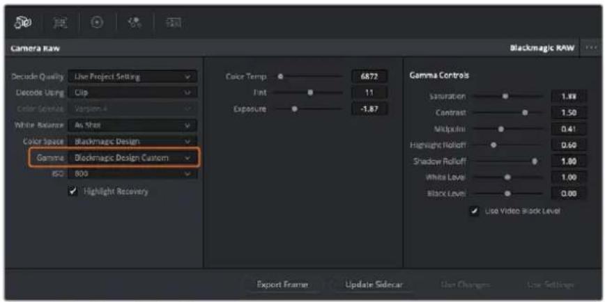 Camera Raw Blackmagic RAW Decode Quality Use Project Setting Decode Using Clip Color Scene Version 4 White Balance As Shot Color Space Blackmagic Design Gamma Blackmagic Design Custom ISO 800 Highlight Recovery Color Temp 6872 Font 11 Exposure -1.87 Gamma Controls Saturation 1.88 Contrast 1.50 Multiplatin 0.41 Highlight Rolloff 0.60 Shadow Rolloff 1.80 White Level 1.00 Black Level 0.00 Use Video Block Level Export Frame Update Sidebar Use Changes Low Settings