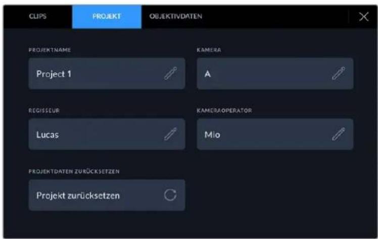 CLIPS PROJEKT OBJEKTIVDATEN PROJEKTNAME Project 1 KAMERA A REGISSEUR Lucas KAMERAOPERATOR Mio PROJEKTDATEN ZURÜCKSETZEN Projekt zurücksetzen
