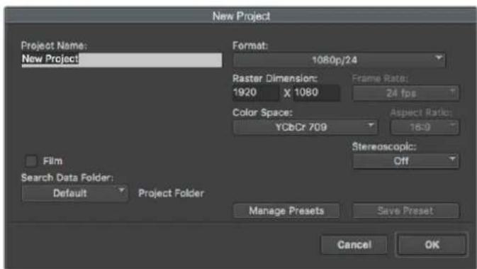 New Project Project Name: New Project Format: 1080p/24 Raster Dimension: 1920 X 1080 Frame Rate: 24 fps Color Space: YCbCr 709 Aspect Ratio: 16:0 Film Search Data Folder: Default Project Folder Stereoscopic: Off Manage Presets Save Preset Cancel OK