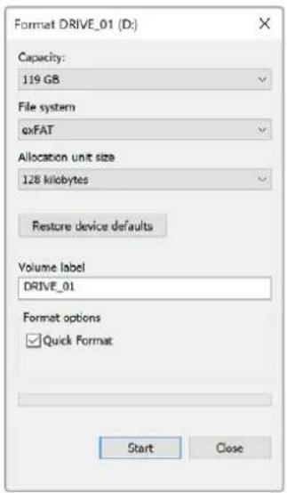 Format DRIVE_01 (D:) Capacity: 119 GB File system exFAT Allocation unit size 128 kilobytes Restore device defaults Volume label DRIVE_01 Format options ✓ Quick Format Start Close