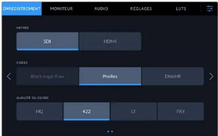 ENREGISTREMENT MONITEUR AUDIO REGLAGES LUTS ENTREE SDI HDMI CODEC Blackmagic Raw ProRes DNxHR QUALITÉ DU CODEC HQ 422 LT PXY