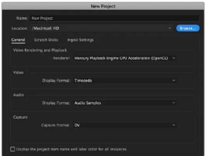 New Project Name: New Project Location: /Macintosh HD Browse... General Scratch Disks Ingest Settings Video Rendering and Playback Renderer: Mercury Playback Engine GPU Acceleration (OpenCL) Video Display Format: Timecode Audio Display Format: Audio Samples Capture Capture Format: DV Display the project item name and label color for all instances.