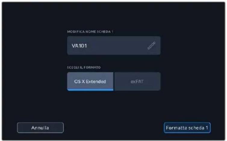 MODIFICA NOME SCHEDA 1 VA101 SCEGLI IL FORMATO OS X Extended ex FAT Annulla Formatta scheda 1