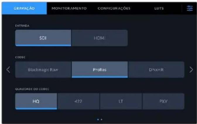 GRAVAÇÃO MONITORAMENTO CONFIGURAÇÕES LUTS ENTRADA SDI HDMI CODEC Blackmagic Raw ProRes DNXHR QUALIDADE DO CODEC HQ 422 LT PXY