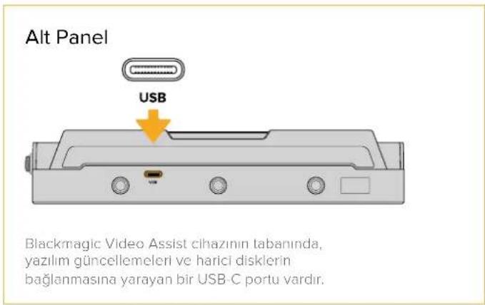 Alt Panel USB Blackmagic Video Assist cihazının tabanında, yazılım güncellemleri ve harici disklerin bağlanması yarayan bir USB-C portu vardır.
