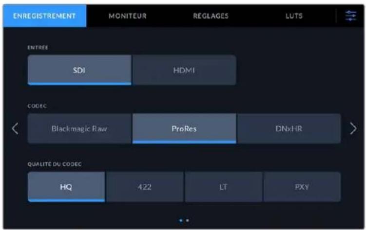 ENREGISTREMENT MONITEUR REGLAGES LUTS ENTREE SDI HDMI CODEC Blackmagic Raw ProRes DNxHR QUALITE DU CODEC HQ 422 LT PXY
